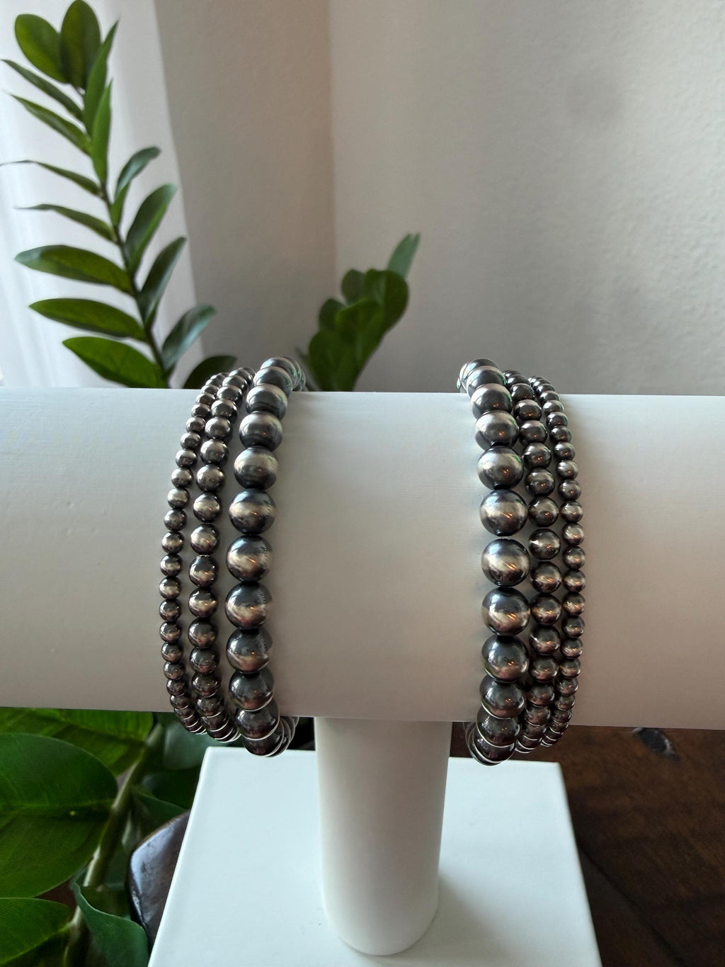 Sterling Silver Pearl Stretchy Bracelet, Western Style Oxidized Beads