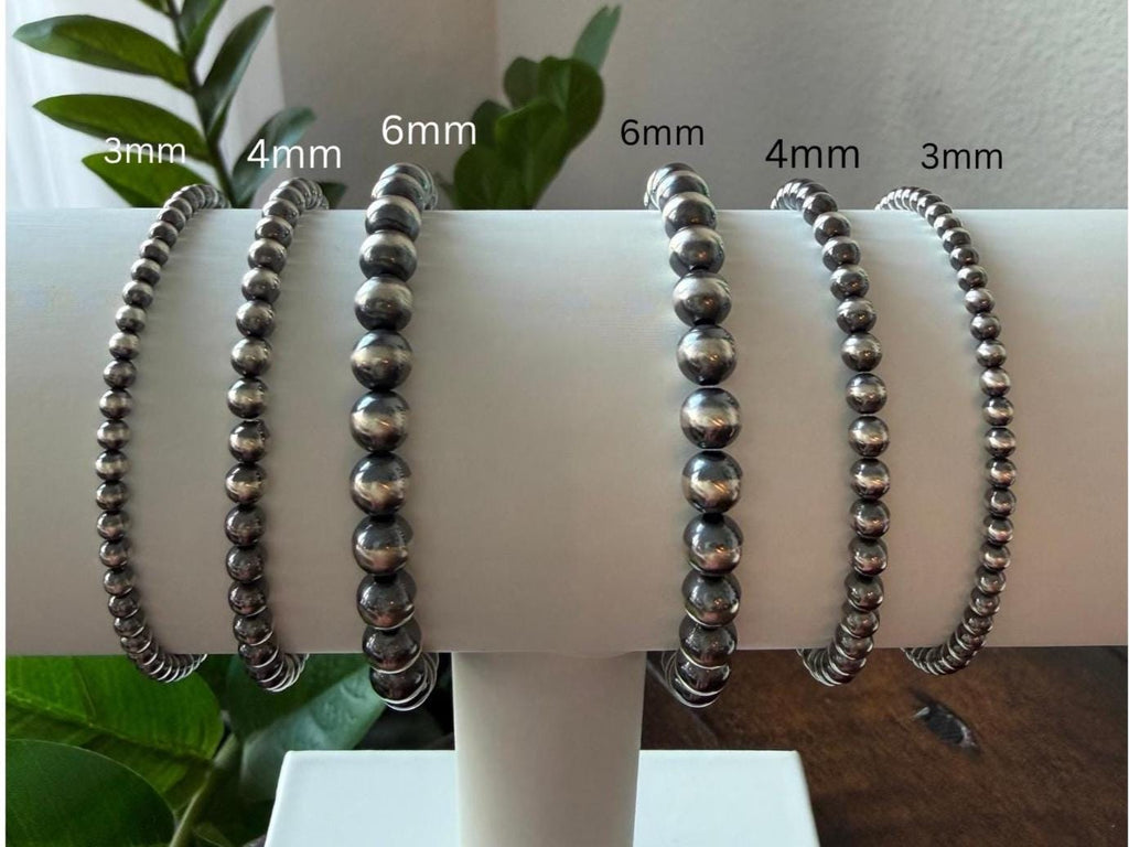 Sterling Silver Pearl Stretchy Bracelet, Western Style Oxidized Beads