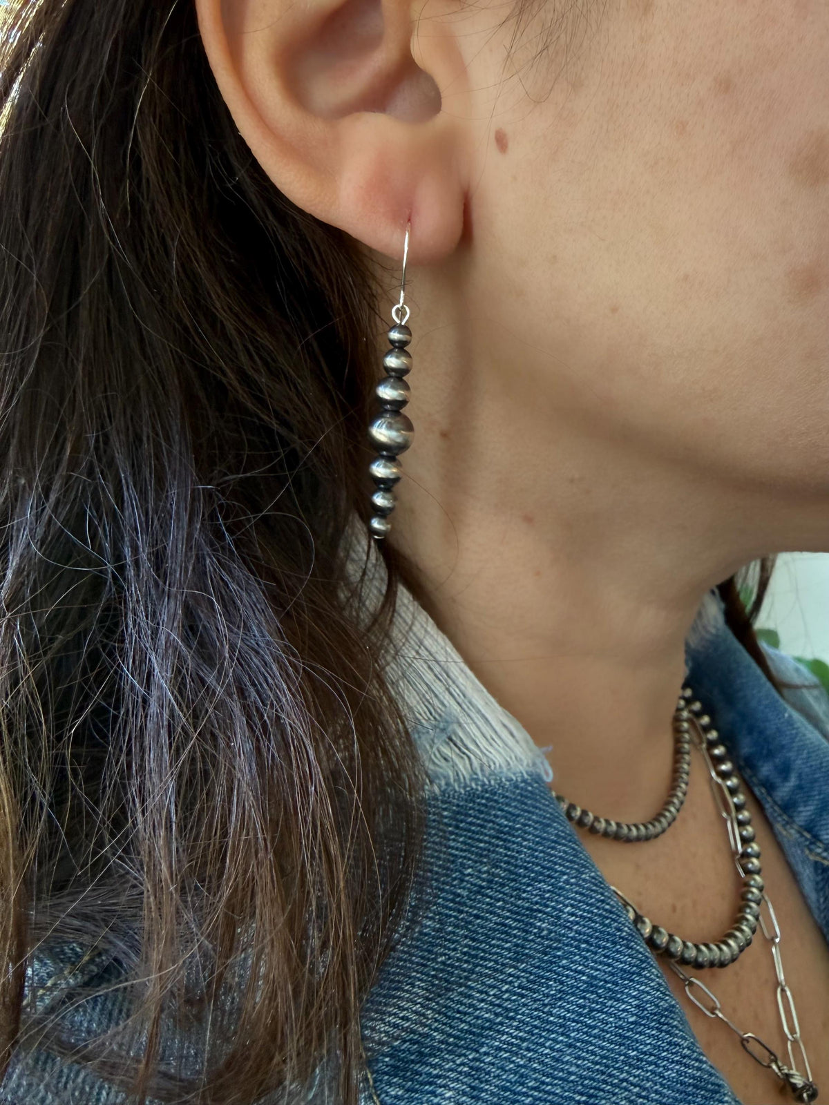 Large Graduated sterling silver pearl earrings, western jewelry, cowgirl, gift, Oxidized Silver style.