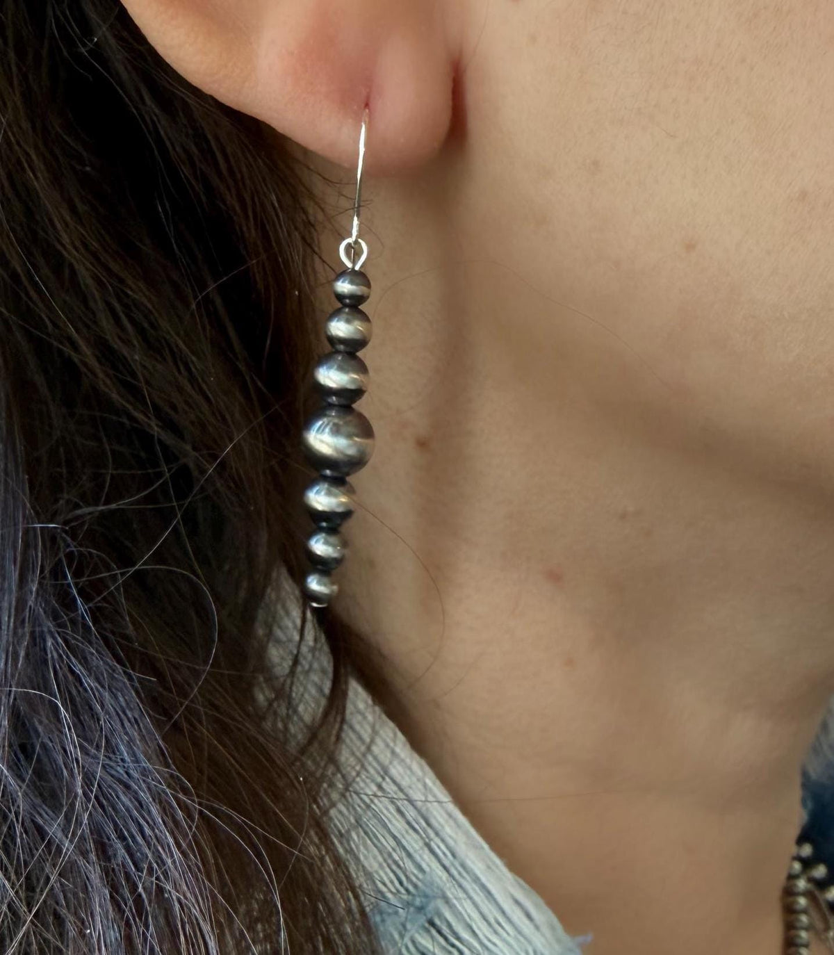 Large Graduated sterling silver pearl earrings, western jewelry, cowgirl, gift, Oxidized Silver style.