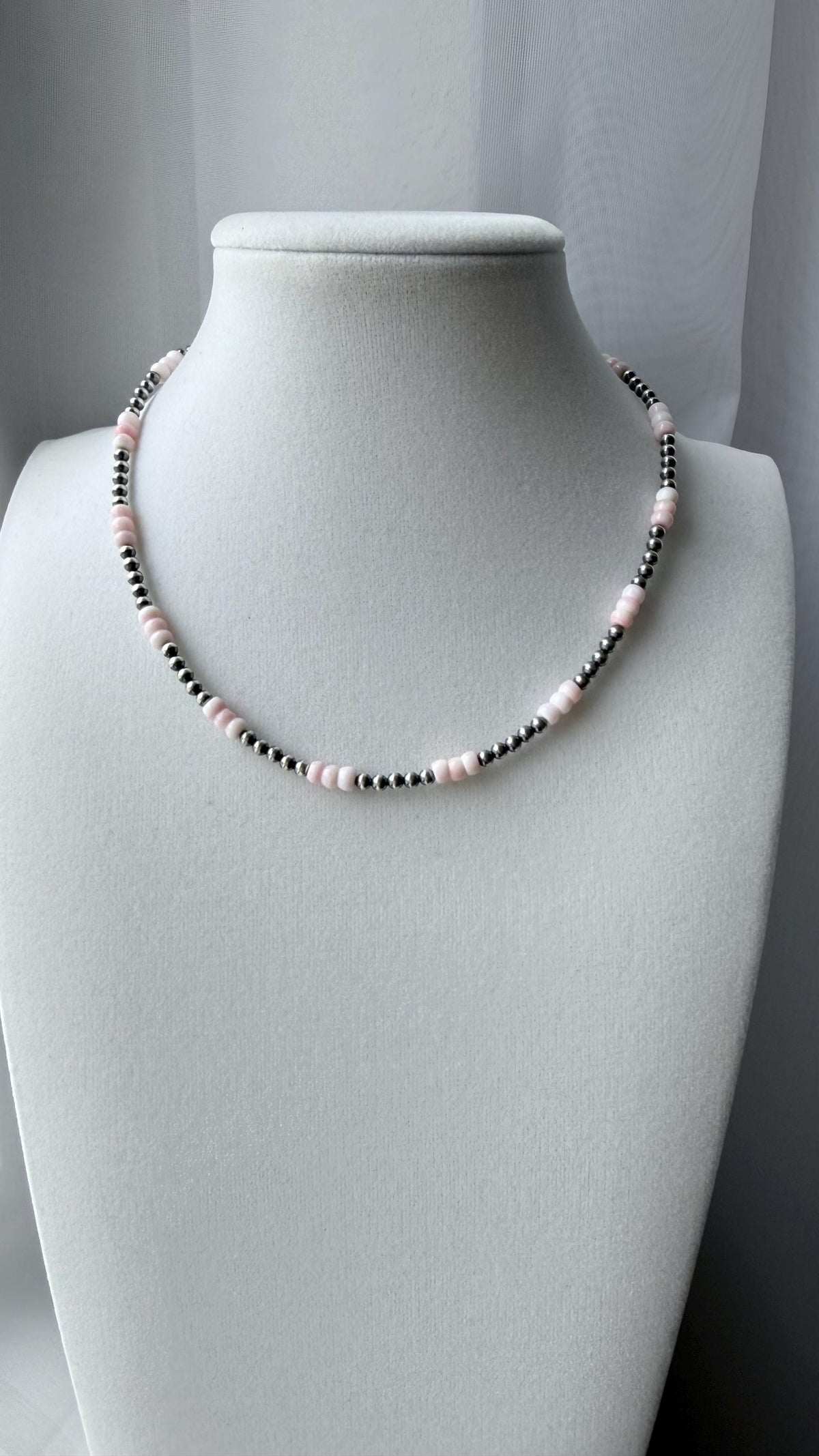 Dainty Pink Conch and oxidized sterling silver pearl Necklace, Southwestern Style, Gift for Her, 3mm Roundel Shell Necklace.