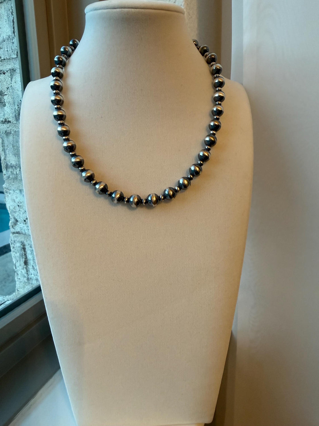 Oxidized Sterling Silver Pearl Necklace 8mm and 4mm Graduated Southwest Choker, gift.