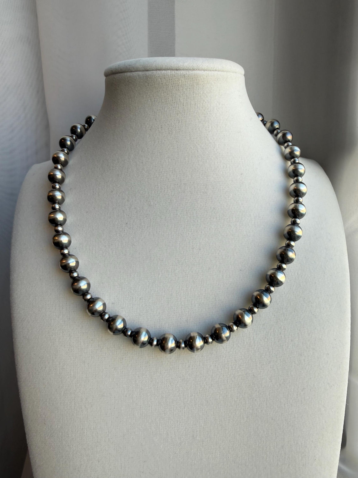 Oxidized Sterling Silver Pearl Necklace 8mm and 4mm Graduated Southwest Choker, gift.