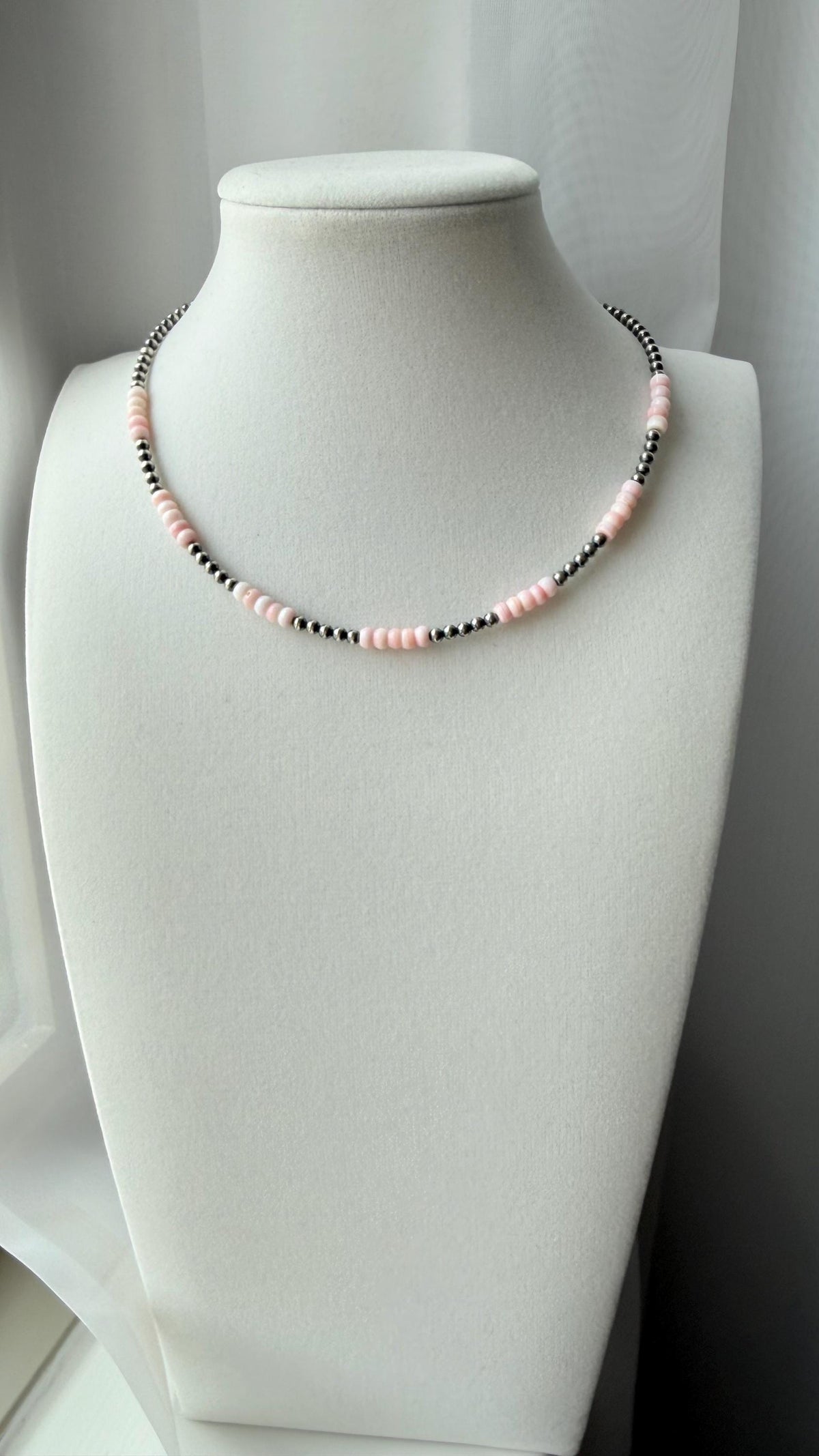 Dainty Pink Conch and oxidized sterling silver pearl Necklace, Southwestern Style, Gift for Her, 3mm Roundel Shell Necklace.