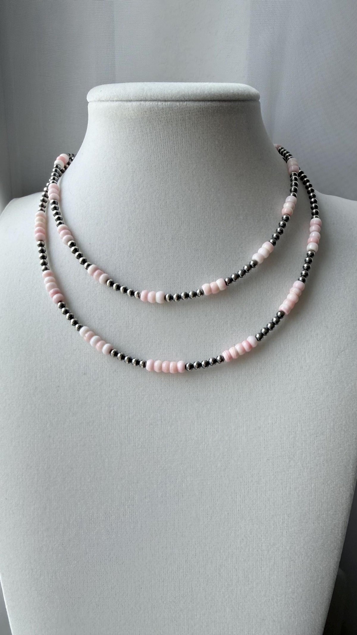 Dainty Pink Conch and oxidized sterling silver pearl Necklace, Southwestern Style, Gift for Her, 3mm Roundel Shell Necklace.