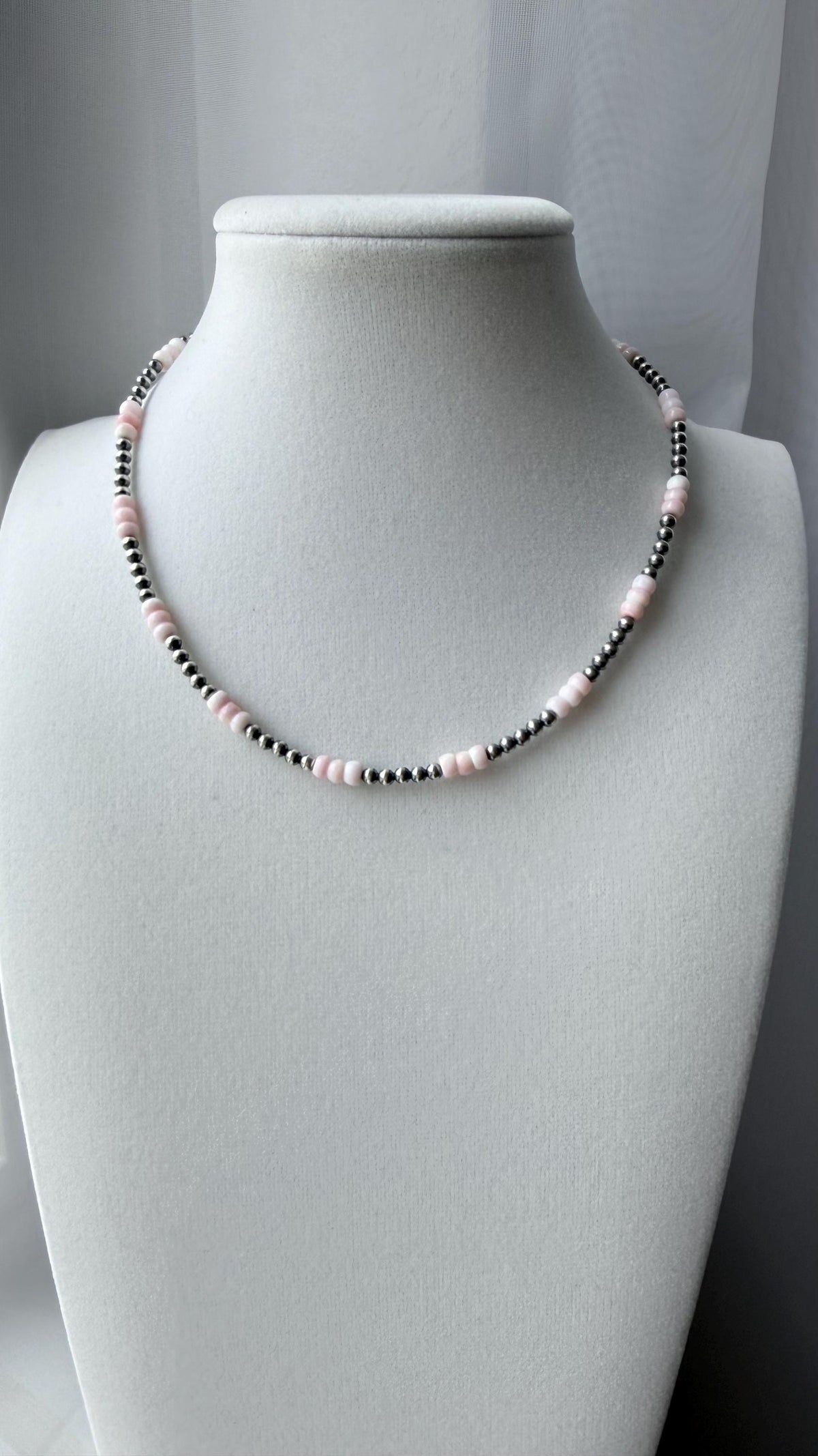 Dainty Pink Conch and oxidized sterling silver pearl Necklace, Southwestern Style, Gift for Her, 3mm Roundel Shell Necklace.