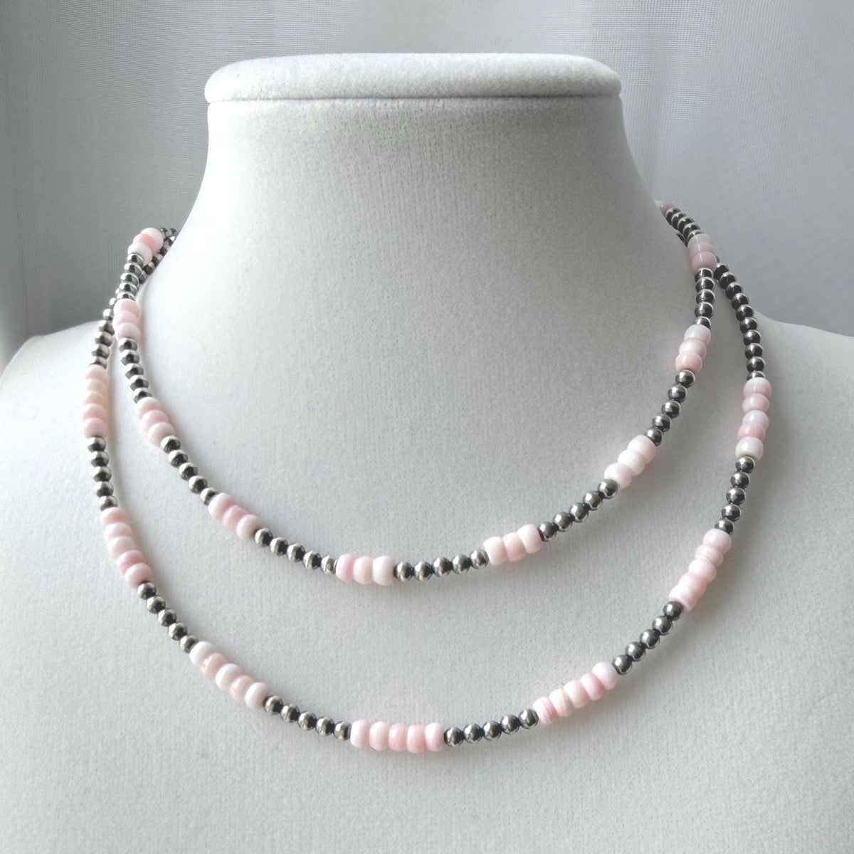Dainty Pink Conch and oxidized sterling silver pearl Necklace, Southwestern Style, Gift for Her, 3mm Roundel Shell Necklace.