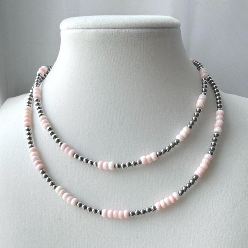 Dainty Pink Conch and oxidized sterling silver pearl Necklace, Southwestern Style, Gift for Her, 3mm Roundel Shell Necklace.