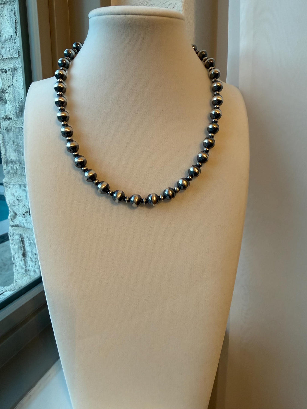 Oxidized Sterling Silver Pearl Necklace 8mm and 4mm Graduated Southwest Choker, gift.