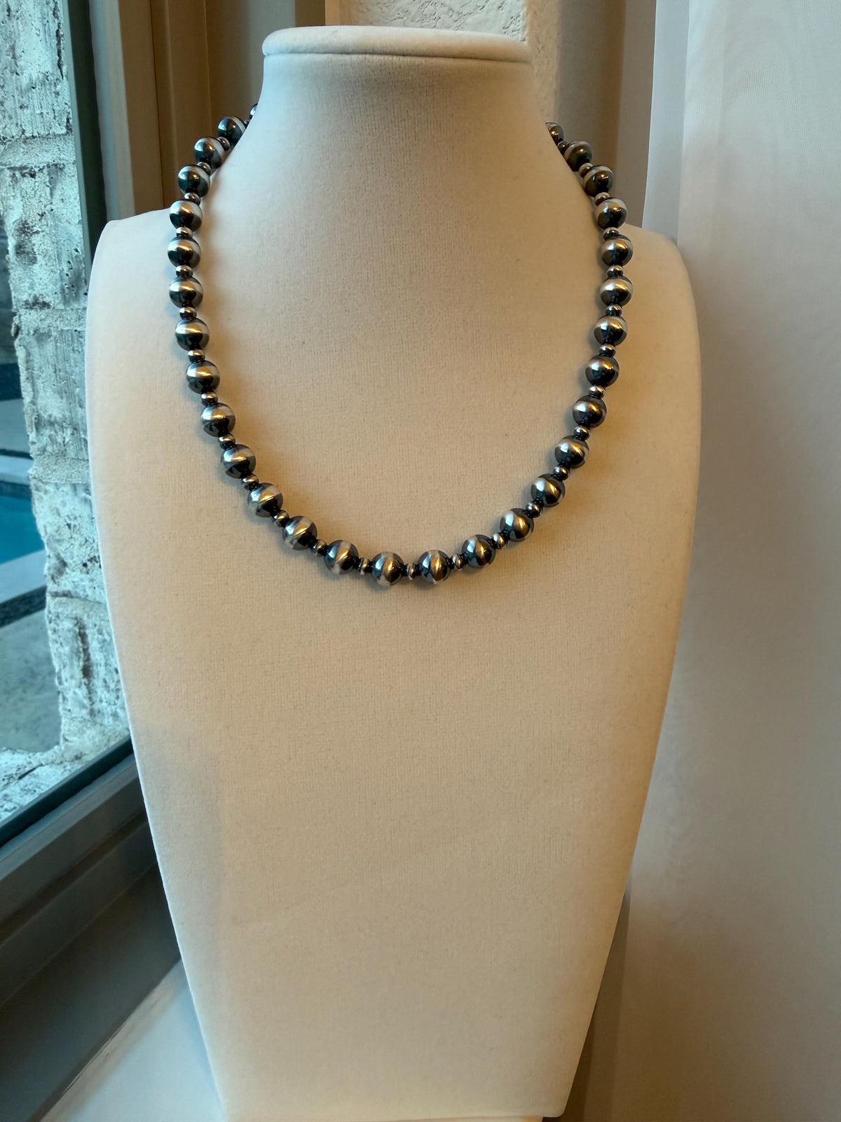 Oxidized Sterling Silver Pearl Necklace 8mm and 4mm Graduated Southwest Choker, gift.