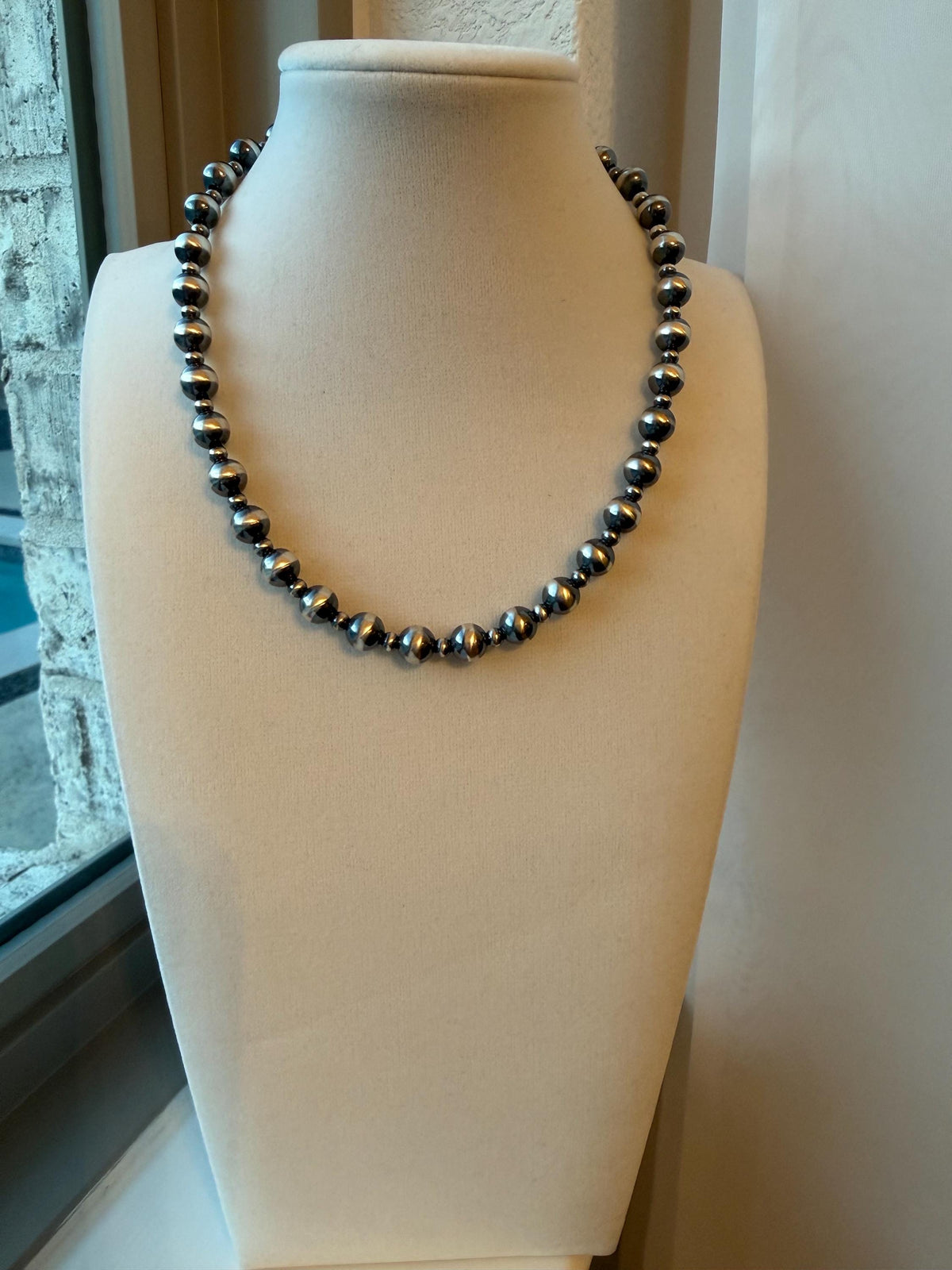 Oxidized Sterling Silver Pearl Necklace 8mm and 4mm Graduated Southwest Choker, gift.