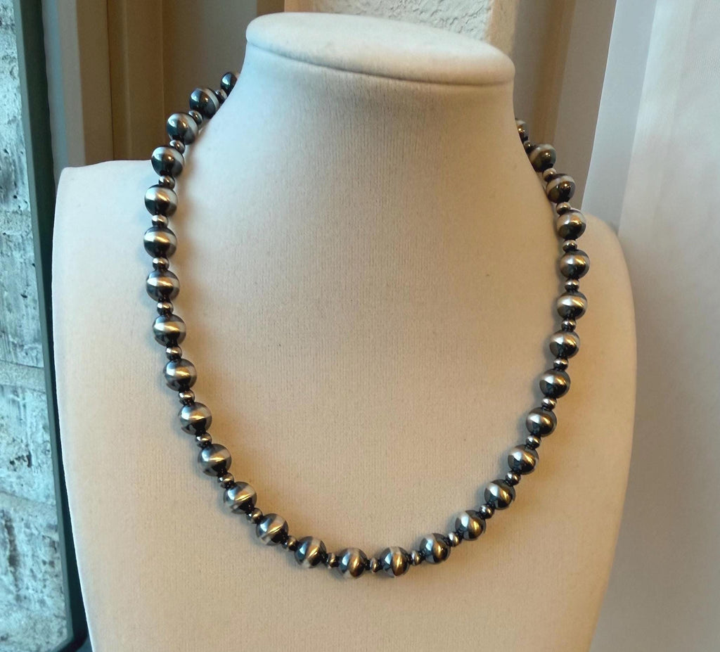 Oxidized Sterling Silver Pearl Necklace 8mm and 4mm Graduated Southwest Choker, gift.