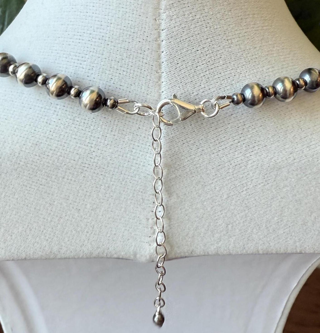 Oxidized Sterling Silver Pearl Necklace 8mm and 4mm Graduated Southwest Choker, gift.