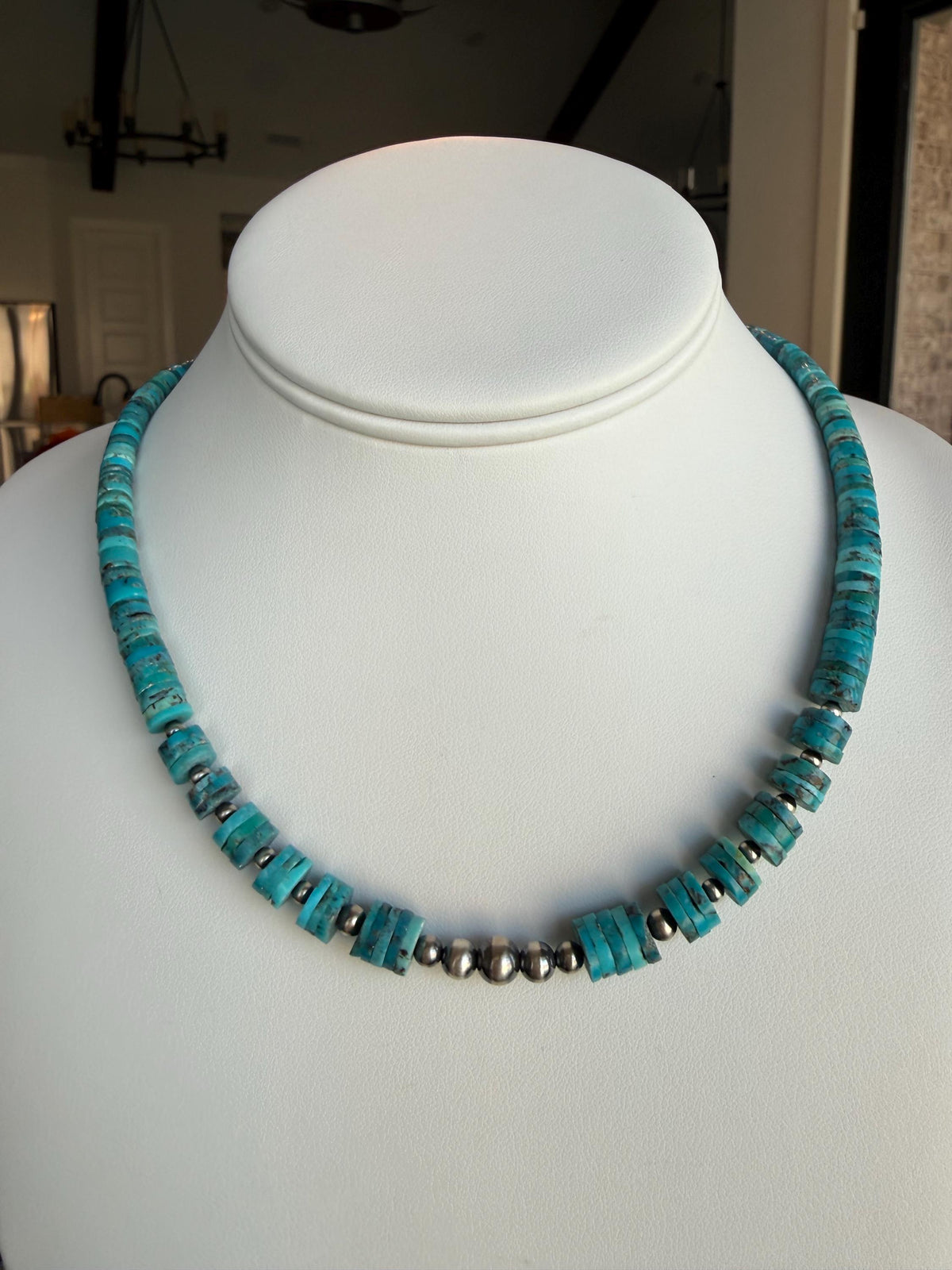 Kingman Turquoise, Heishi Necklace, Oxidized Sterling Silver Pearls, cluster