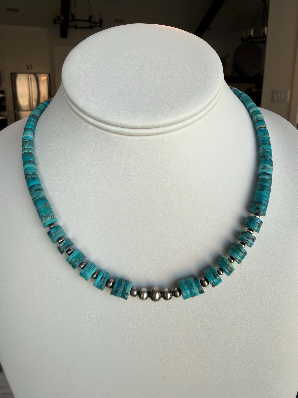 Kingman Turquoise, Heishi Necklace, Oxidized Sterling Silver Pearls, cluster