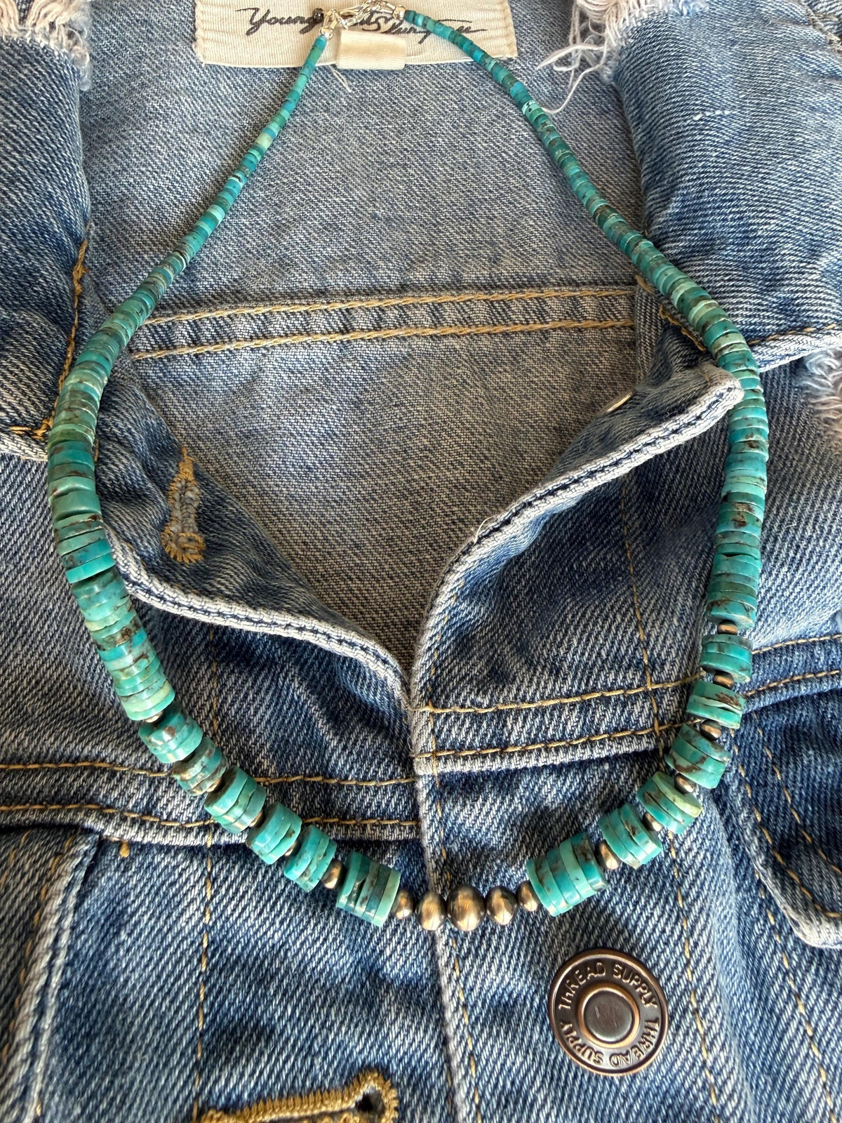 Kingman Turquoise, Heishi Necklace, Oxidized Sterling Silver Pearls, cluster
