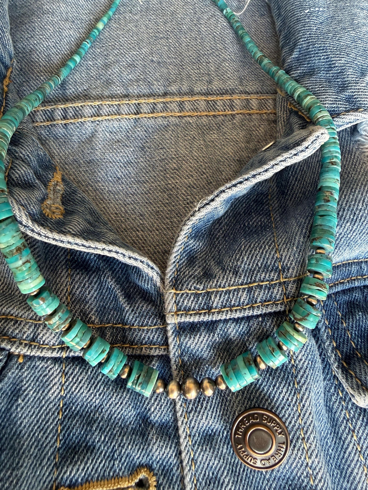 Kingman Turquoise, Heishi Necklace, Oxidized Sterling Silver Pearls, cluster