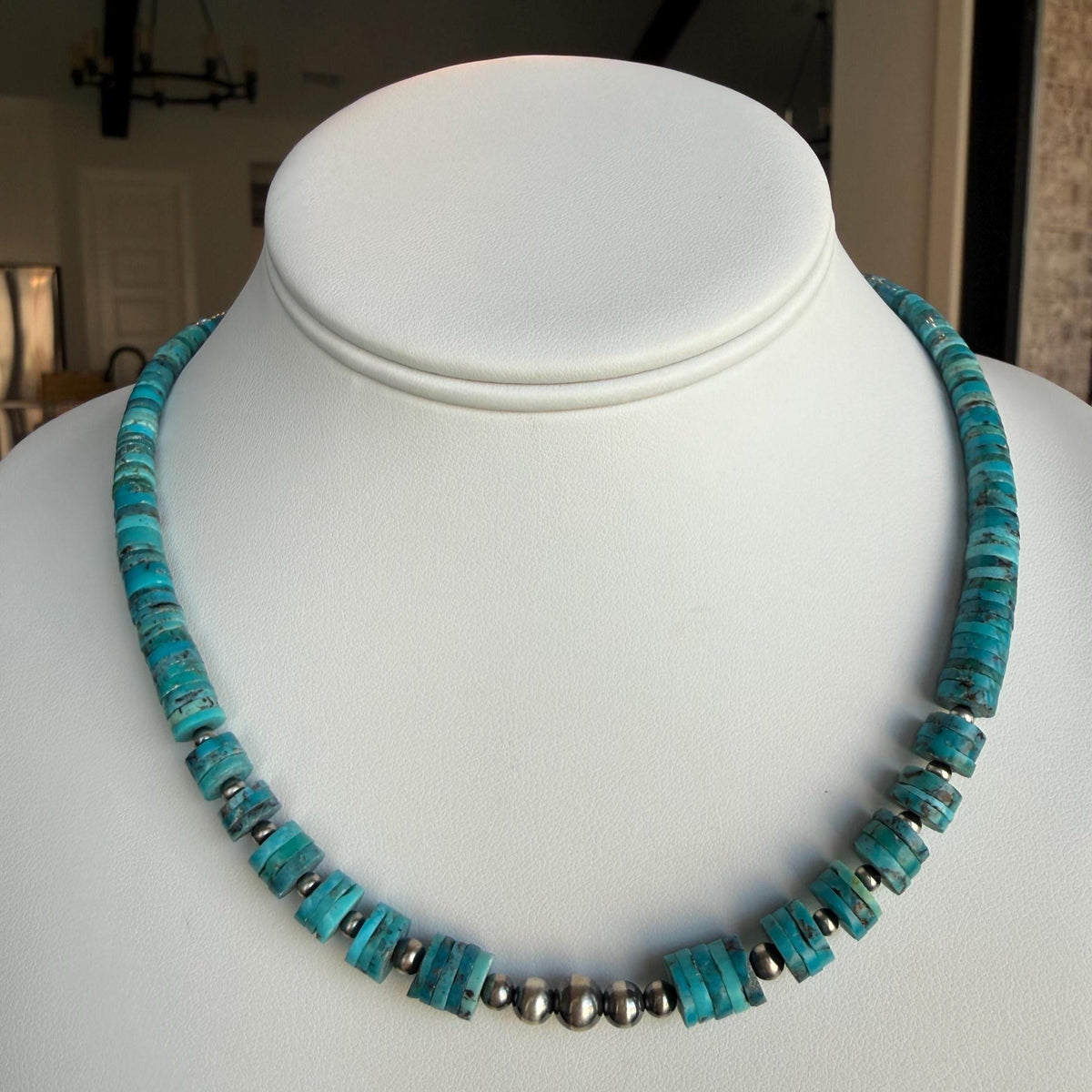Kingman Turquoise, Heishi Necklace, Oxidized Sterling Silver Pearls, cluster