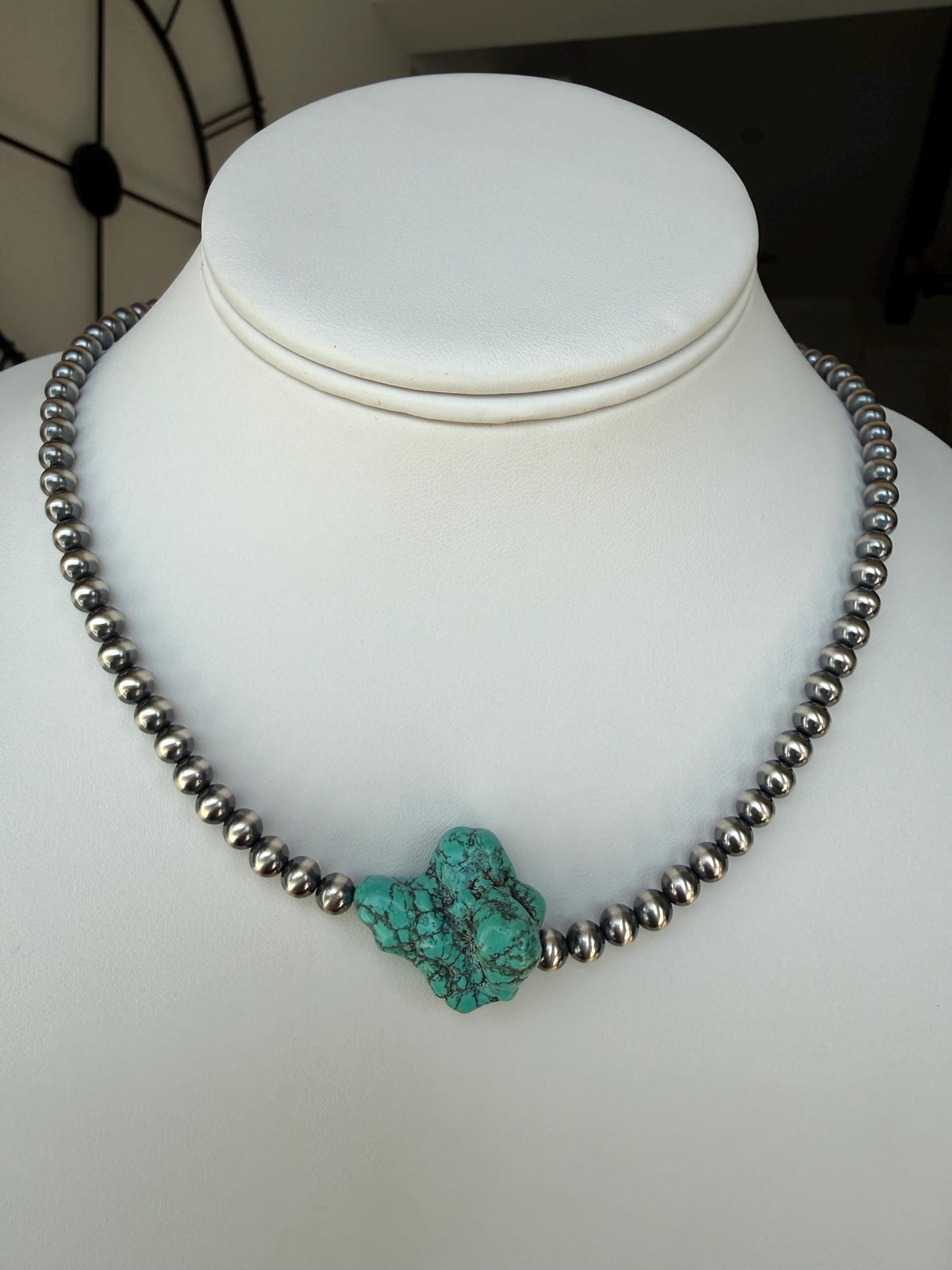 Natural Turquoise Nugget necklace, 5mm Sterling Silver pearls, Western jewelry, gift for her.
