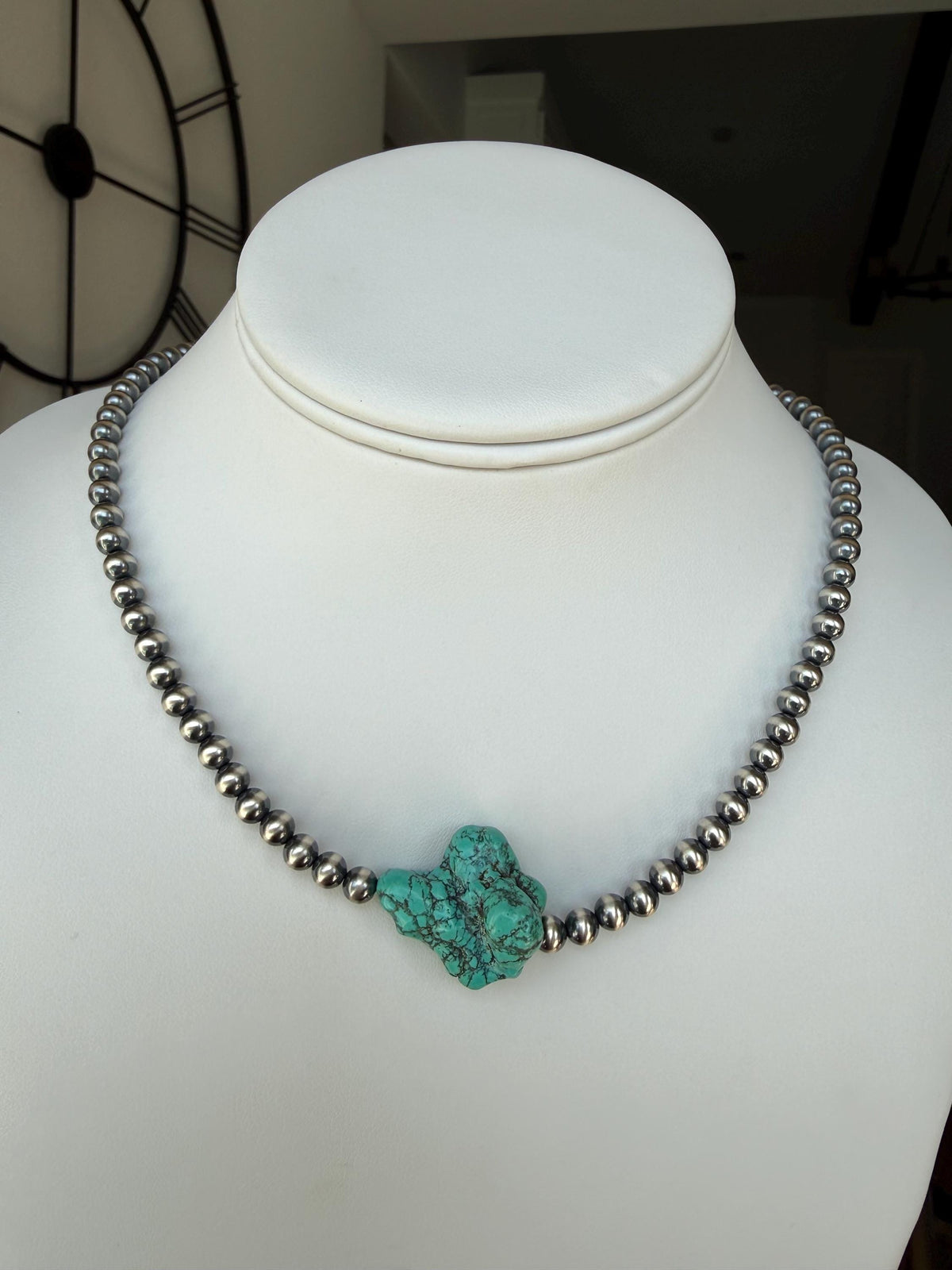 Natural Turquoise Nugget necklace, 5mm Sterling Silver pearls, Western jewelry, gift for her.
