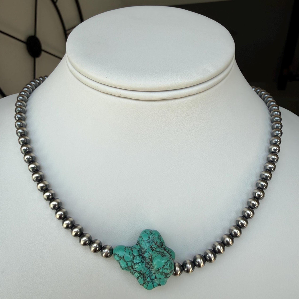 Natural Turquoise Nugget necklace, 5mm Sterling Silver pearls, Western jewelry, gift for her.