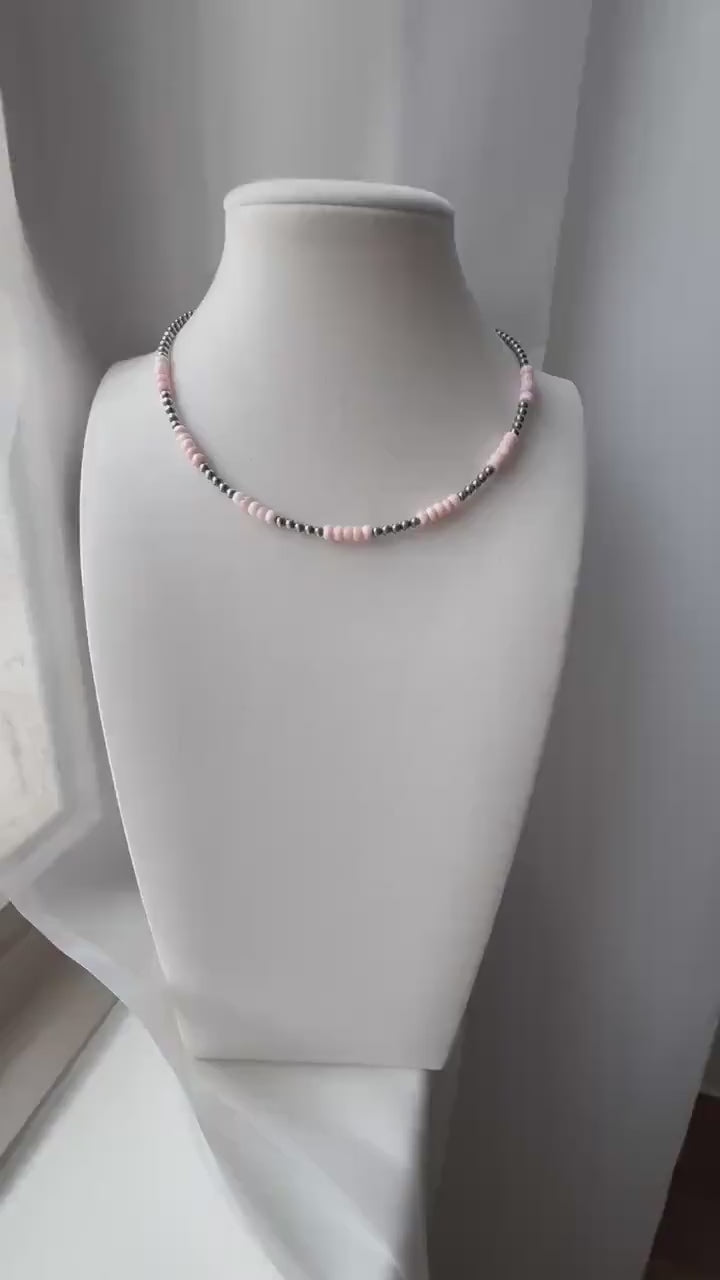 Dainty Pink Conch and oxidized sterling silver pearl Necklace, Southwestern Style, Gift for Her, 3mm Roundel Shell Necklace.