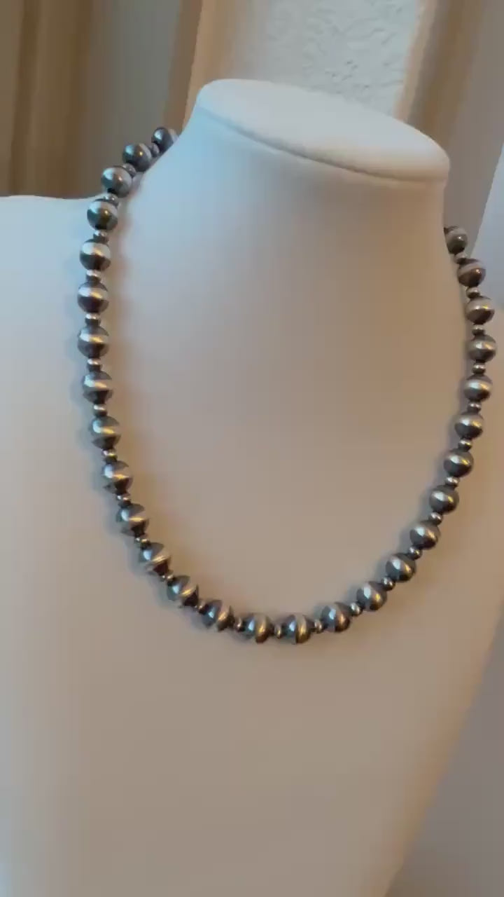 Oxidized Sterling Silver Pearl Necklace 8mm and 4mm Graduated Southwest Choker, gift.