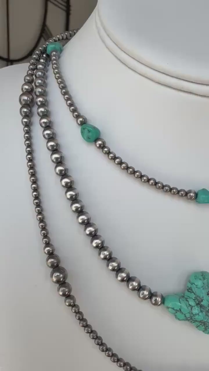 Natural Turquoise Nugget necklace, 5mm Sterling Silver pearls, Western jewelry, gift for her.