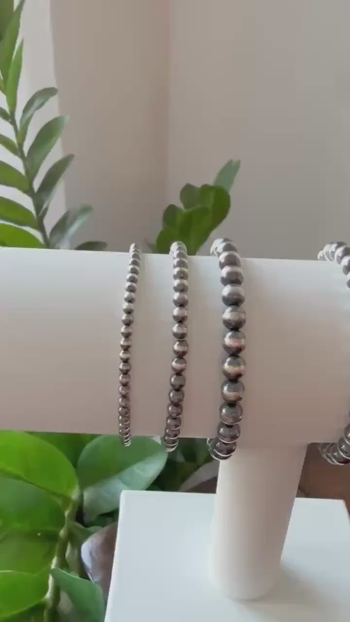 Sterling Silver Pearl Stretchy Bracelet, Western Style Oxidized Beads